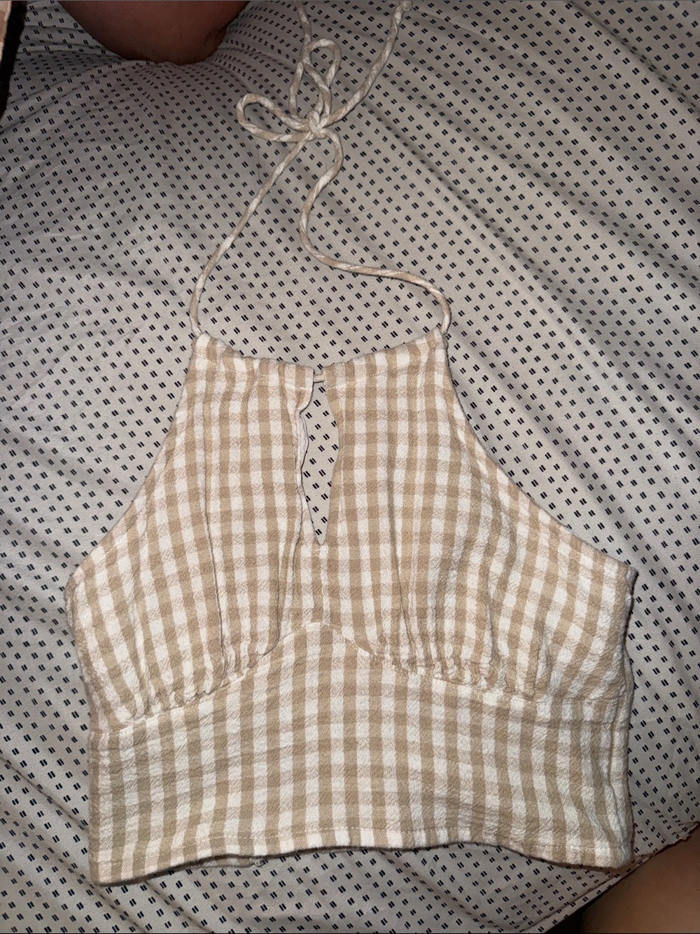 Hollister Beige and White Gingham Waffle Halter Crop